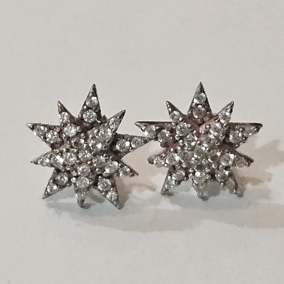 Jewelry - Vintage Sterling Silver Starbust Stud Earrings Crystals Preppy Feminine Retro